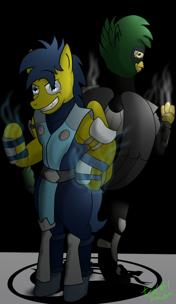 Size: 667x1150 | Tagged: safe, artist:tezcatl-ayauhtli, derpibooru import, oc, oc:tezcatl, gryphon, pegasus, pony, crossover, duo, megasupertacoman, mortal kombat, smoke, smoke (mortal kombat), sub-zero