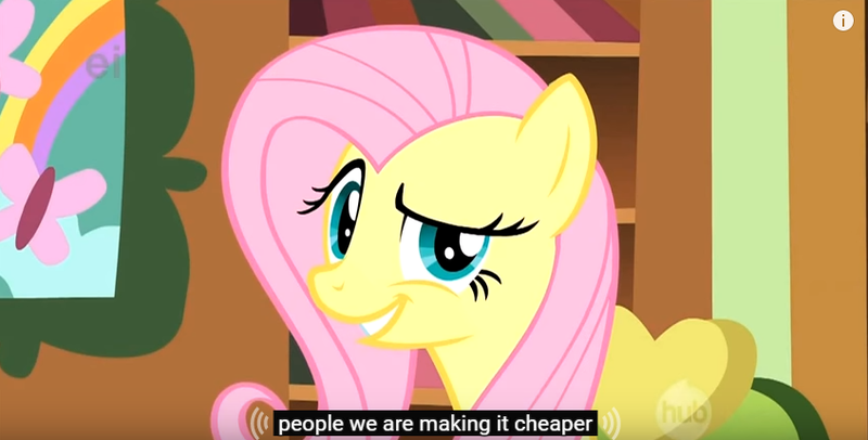 Size: 846x429 | Tagged: always works, caption, derpibooru import, dreamworks face, edit, edited screencap, fluttershy, fluttershy's cottage, hub logo, meme, raised eyebrow, safe, screencap, solo, youtube caption