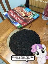 Size: 446x600 | Tagged: safe, derpibooru import, sweetie belle, pony, baked bads, bread, burnt, charred, cooking, cute, diasweetes, digiorno, food, irl, photo, pizza, ponies in real life, solo, sweetie belle can't cook, sweetie fail, toast, vector, you had one job