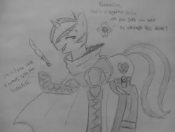 Size: 2560x1920 | Tagged: armor, artist:subimaru_kai, cloak, clothes, derpibooru import, destiny (game), ghost, hunter, knife, male, monochrome, oc, oc:snowy, safe, solo, stallion, traditional art, undead, unofficial characters only