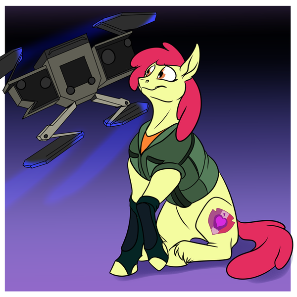 Size: 700x700 | Tagged: alternate universe, apple bloom, artist:foxenawolf, commission, crossover, derpibooru import, gremlin (x-com), missing accessory, older, robot, safe, solo, x-com, xcom 2