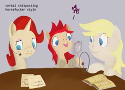 Size: 2430x1736 | Tagged: 8chan, artist:anonymous, derpibooru import, microphone, nazi, oc, oc:aryanne, oc:red pone (8chan), oc:ruby (8chan), paper, podcast, /pone/, radio, safe, shitposting, sitting, table, talking, unofficial characters only
