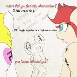 Size: 1200x1200 | Tagged: 8chan, annoyed, artist:anonymous, cyoa, derpibooru import, dialogue, female, females only, floppy ears, frown, glare, heart, lies, nazi, oc, oc:aryanne, oc:red pone (8chan), oc:sketchy, oc:sketchy (8chan), /pone/, raised hoof, suggestive, swastika, talking, trio, trio female, unamused, unofficial characters only, vulgar