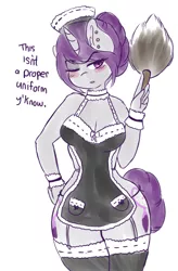 Size: 1262x1920 | Tagged: suggestive, artist:wickedsilly, derpibooru import, oc, oc:wicked silly, unofficial characters only, anthro, unicorn, anthro oc, apron, blushing, clothes, cuffs (clothes), female, maid, naked apron, one eye closed, sexy, sketch, solo, solo female, speech, talking, wink