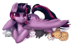 Size: 2200x1400 | Tagged: safe, artist:my-magic-dream, derpibooru import, twilight sparkle, twilight sparkle (alicorn), alicorn, cat, pony, cocoa (cat), covering, crazy cat lady, female, fred (cat), kitten, mare, neko atsume, pickles (cat), shadow (cat), simple background, snowball (cat), transparent background