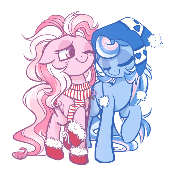 Size: 2200x2200 | Tagged: safe, artist:hawthornss, derpibooru import, marshmallow coco (g3), snow'el, earth pony, pony, cute, eyes closed, female, g3, g3betes, lesbian, marsh'el, marshabetes, one eye closed, shipping, snow'adorable, wink