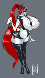 Size: 2153x3699 | Tagged: suggestive, artist:saliantsunbreeze, derpibooru import, oc, oc:scarlet tail, unofficial characters only, anthro, unguligrade anthro, unicorn, an alicorn's harem, anthro oc, apron, big breasts, breasts, clothes, duster, evening gloves, expressionless face, fanfic art, female, glasses, gloves, huge breasts, impossibly large breasts, latex, long gloves, long mane, long tail, maid, miniskirt, pinup, ponytail, red eyes, red mane, shiny, skirt, socks, solo, solo female, stockings, thigh highs, thighs, thunder thighs