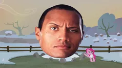 Size: 1280x720 | Tagged: safe, derpibooru import, edit, edited screencap, screencap, pinkie pie, earth pony, pony, hearthbreakers, dwayne johnson, female, holder's boulder, holder's new boulder meme, mare, meme, pun, solo, the rock, wwe