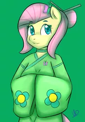 Size: 1645x2349 | Tagged: anthro, artist:wolfy-pony, chinese text, chopsticks in hair, clothes, cute, derpibooru import, fluttershy, kimono (clothing), looking at you, safe, solo