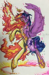 Size: 1092x1671 | Tagged: safe, artist:goldenrainynight, derpibooru import, twilight sparkle, twilight sparkle (alicorn), alicorn, pony, rapidash, female, mane of fire, mare, pokémon, rapidash twilight, solo, spread wings, traditional art, wings