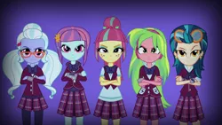 Size: 1280x720 | Tagged: safe, derpibooru import, edit, edited screencap, screencap, indigo zap, lemon zest, sour sweet, sugarcoat, sunny flare, equestria girls, friendship games, >:), clothes, crossed arms, crystal prep academy, crystal prep academy uniform, crystal prep shadowbolts, glasses, goggles, headphones, inverted mouth, looking at you, pure unfiltered evil, random, school uniform, shadow five, shadowbolt comments, smiling, unleash the magic