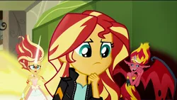 Size: 800x450 | Tagged: safe, derpibooru import, edit, sunset shimmer, equestria girls, conscience, daydream shimmer, shoulder angel, shoulder devil, sunset satan, sunset's conscience