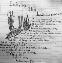 Size: 2322x2368 | Tagged: artist:the claud, claud thinks he's a poet, crying, derpibooru import, falling, fluttershy, grimdark, impossibly long legs, monochrome, poem, poetry, solo, suicide, traditional art, writing