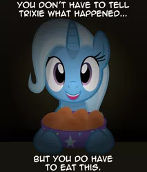 Size: 1970x2314 | Tagged: safe, artist:badumsquish, derpibooru import, trixie, pony, unicorn, adoracreepy, bowl, creepy, cute, dark, dialogue, diatrixes, egg (food), female, food, gift art, grin, looking at you, mare, offscreen character, pov, smiling, solo, talking to viewer, you have to eat all the eggs
