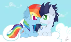 Size: 1024x614 | Tagged: safe, artist:prancuss, derpibooru import, rainbow dash, soarin', pony, boop, cloud, female, male, noseboop, shipping, soarindash, straight