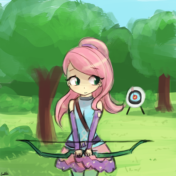 Size: 750x750 | Tagged: safe, artist:lumineko, derpibooru import, fluttershy, equestria girls, friendship games, 30 minute art challenge, archer, archery, arrow, belt, bow (weapon), bullseye, clothes, cute, female, grass, lumineko is trying to murder us, shyabetes, skills, skirt, solo, target, tree