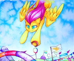 Size: 2329x1932 | Tagged: aerial relay, artist:yellowrobin, derpibooru import, equestria games, equestria games (episode), fluttershy, flying, pennant, racing, safe, solo, traditional art, watercolor painting