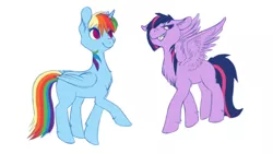 Size: 1280x720 | Tagged: safe, artist:miss-cats, derpibooru import, rainbow dash, twilight sparkle, twilight sparkle (alicorn), alicorn, pony, chest fluff, palette swap, recolor