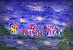 Size: 2263x1579 | Tagged: artist:animagicworld, brights brightly, cheerilee (g3), derpibooru import, g3, master kenbroath gilspotten heathspike, minty, pinkie pie (g3), rainbow dash (g3), rarity (g3), safe, scene interpretation, the runaway rainbow, traditional art, whistle wishes