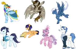 Size: 1104x723 | Tagged: safe, artist:tinuleaf, derpibooru import, fancypants, night glider, rainbow dash, soarin', oc, oc:blue lullaby, oc:ginger, oc:quartz horn, pegasus, pony, unicorn, offspring, parent:derpy hooves, parent:doctor whooves, parent:flash sentry, parent:twilight sparkle, parents:doctorderpy, parents:flashlight