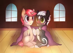 Size: 3066x2219 | Tagged: safe, artist:pingwinowa, derpibooru import, oc, oc:intrepid charm, unofficial characters only, pony, unicorn, blanket, cold, cuddling, fairy filly (filly funtasia), filly (filly funtasia), filly funtasia, male, shivering, snuggling, stallion, willow (filly funtasia)