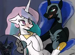 Size: 818x602 | Tagged: 4chan, armor, artist:^:3, blushing, celestimoon, cute, derpibooru import, ear fluff, eyeshadow, female, gradient background, incest, jewelry, lesbian, looking at each other, makeup, /mlp/, moon, mooncest, nightmare moon, one eye closed, open mouth, princess celestia, safe, shipping, smiling