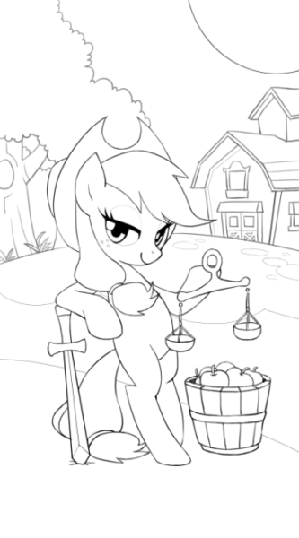 Size: 350x630 | Tagged: apple, applejack, artist:kairean, black and white, derpibooru import, food, grayscale, justice, justitia, lady justice (goddess), lineart, monochrome, safe, scales, scales of justice, solo, sword, tarot card, weapon, wip