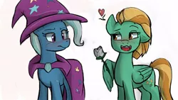 Size: 640x360 | Tagged: safe, artist:^:3, derpibooru import, lightning dust, trixie, pony, unicorn, agnieszka fajlhauer, blushing, cloak, clothes, female, flower, hat, heart, lesbian, mare, open mouth, polish, raised eyebrow, rose, shipping, simple background, smiling, trixiedust, voice actor joke, white background