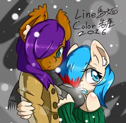 Size: 2048x2000 | Tagged: anthro, anthro oc, artist:cutiepoppony, artist:umabun, artist:馬文, blushing, breasts, derpibooru import, female, oc, oc:cordon, oc:watercolor lollipop, safe, snow, snowfall, unofficial characters only