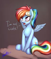 Size: 4000x4700 | Tagged: safe, artist:elzzombie, derpibooru import, rainbow dash, pegasus, pony, blatant lies, blushing, chest fluff, cute, dashabetes, embarrassed, female, fluffy, glare, i'm not cute, mare, open mouth, ponytail, sitting, solo, spread wings, truth, tsunderainbow, tsundere, wings