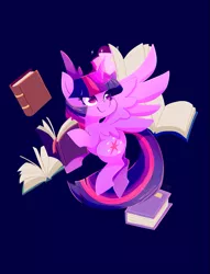 Size: 975x1275 | Tagged: safe, artist:sharmie, derpibooru import, twilight sparkle, twilight sparkle (alicorn), alicorn, pony, book, bookhorse, female, flying, magic, mare, smiling, solo, telekinesis