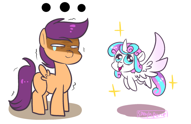 Size: 1024x666 | Tagged: artist:sallylapone, derpibooru import, flurry heart vs scootaloo, princess flurry heart, safe, scootaloo, scootaloo can't fly, spoiler:s06