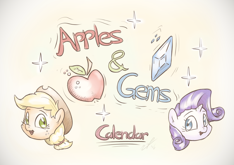 Size: 1440x1018 | Tagged: safe, artist:assasinmonkey, derpibooru import, part of a set, applejack, rarity, apple, apples & gems calendar, cover, female, food, gem, lesbian, rarijack, shipping