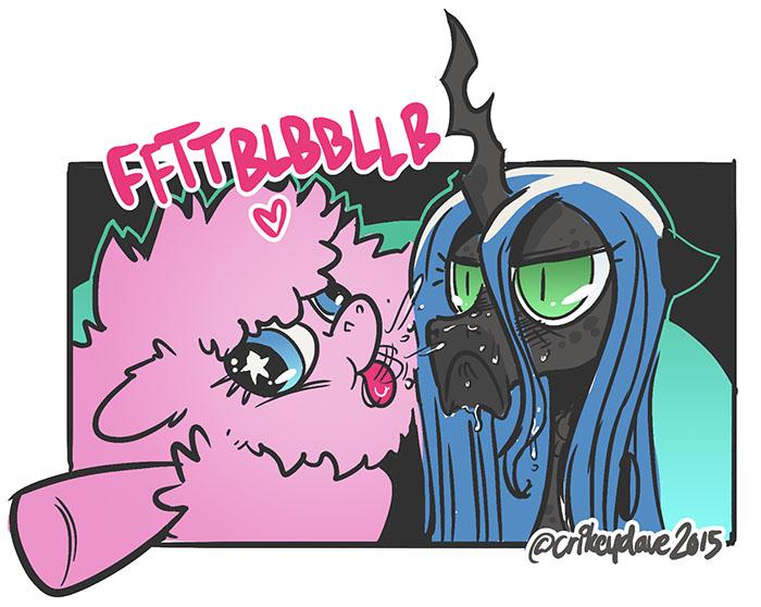 Size: 700x558 | Tagged: safe, artist:crikeydave, derpibooru import, queen chrysalis, oc, oc:fluffle puff, changeling, pony, :<, derp, duo, frown, heart, onomatopoeia, pfft, raspberry, raspberry noise, spit, tongue out, unamused