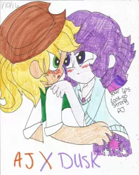 Size: 1024x1290 | Tagged: safe, artist:xxfluffypachirisuxx, derpibooru import, applejack, twilight sparkle, twilight sparkle (alicorn), alicorn, equestria girls, applejack (male), blushing, dialogue, dusk shine, duskjack (gay), female, gay, lesbian, male, prince dusk, rule 63, shipping, traditional art, twijack