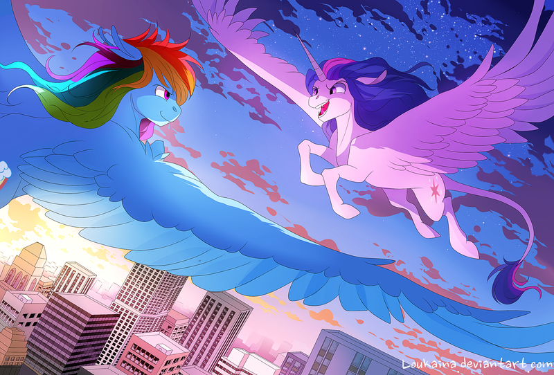 Size: 2983x2021 | Tagged: safe, artist:loukaina, derpibooru import, rainbow dash, twilight sparkle, twilight sparkle (alicorn), alicorn, pony, city, fangs, female, mare