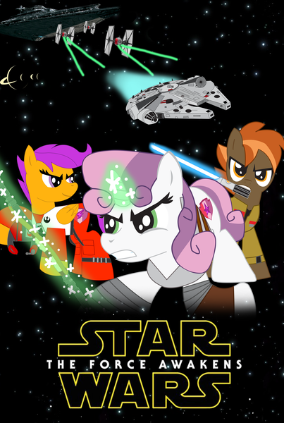 Size: 2326x3460 | Tagged: artist:ejlightning007arts, button mash, clothes, cosplay, costume, cutie mark, derpibooru import, finn (star wars), lightsaber, millenium falcon, parody, poe dameron, poster, rey, safe, scootaloo, spaceship, star destroyer, starfighter, star wars, sweetie belle, the cmc's cutie marks, tie fighter, weapon