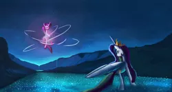 Size: 1219x655 | Tagged: apotheosis, artist:auroriia, celestia's ballad, derpibooru import, magic, magical mystery cure, night, princess celestia, safe, solo, twilight sparkle