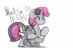Size: 1500x1000 | Tagged: safe, artist:^:3, derpibooru import, sweetie belle, pony, raccoon, unicorn, blood for the blood god, knife