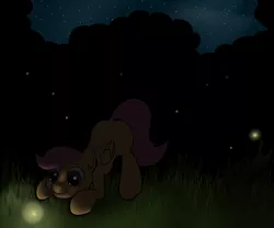 Size: 2400x2000 | Tagged: artist:riscke, dark, derpibooru import, face down ass up, firefly (insect), insect, looking at something, night, safe, scootaloo, solo