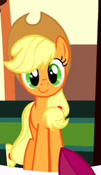 Size: 217x375 | Tagged: safe, derpibooru import, screencap, apple bloom, applejack, earth pony, pony, the last roundup, animated, applejack's hat, c:, cowboy hat, cute, female, hat, headbob, jackabetes, looking at you, mare, metronome, pendulum, smiling, solo focus, sway