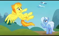 Size: 1704x1052 | Tagged: safe, artist:thegamblehorse, deleted from derpibooru, derpibooru import, fleetfoot, soarin', spitfire, trixie, pegasus, pony, unicorn, female, lesbian, mare, shipping, trixfire, wonderbolts