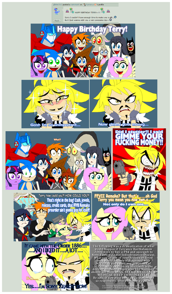 Size: 2017x3449 | Tagged: safe, artist:terry, derpibooru import, discord, fluttershy, twilight sparkle, twilight sparkle (alicorn), oc, oc:terry, alicorn, pony, bambi, batman, bleach (manga), comic, crossover, crying, dc comics, dialogue, disney, facial hair, gun, hellsing, kill la kill, kingdom hearts, kurosaki ichigo, money, moustache, optimus prime, ryuko matoi, satsuki kiryuin, sir integra, sonic the hedgehog, sonic the hedgehog (series), sony, sora, transformers, vulgar, weapon