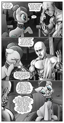 Size: 665x1281 | Tagged: suggestive, artist:pencils, derpibooru import, cloudy quartz, oc, oc:anon, earth pony, human, pony, comic:anon's pie adventure, adoraquartz, comic, cute, female, grayscale, human male, male, mare, monochrome, partial color, sitting