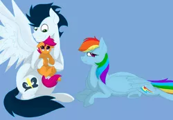 Size: 700x488 | Tagged: safe, artist:colourstrike, derpibooru import, rainbow dash, scootaloo, soarin', pony, adopted offspring, backwards cutie mark, family, female, holding a pony, male, offspring, parent:rainbow dash, parent:soarin', parents:soarindash, pregnant, scootadoption, scootalove, shipping, simple background, soarindash, straight