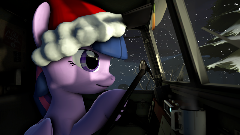 Size: 3840x2160 | Tagged: safe, artist:gaohaq, deleted from derpibooru, derpibooru import, twilight sparkle, twilight sparkle (alicorn), alicorn, pony, 3d, car, christmas, female, hat, holiday, mare, santa hat, solo, source filmmaker