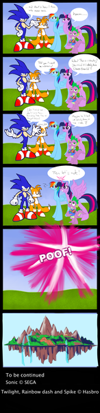 Size: 1024x4216 | Tagged: safe, artist:penguin04, derpibooru import, rainbow dash, spike, twilight sparkle, twilight sparkle (alicorn), alicorn, pony, absurd resolution, angel island, comic, crossover, female, mare, miles "tails" prower, sonic the hedgehog, sonic the hedgehog (series), teleportation