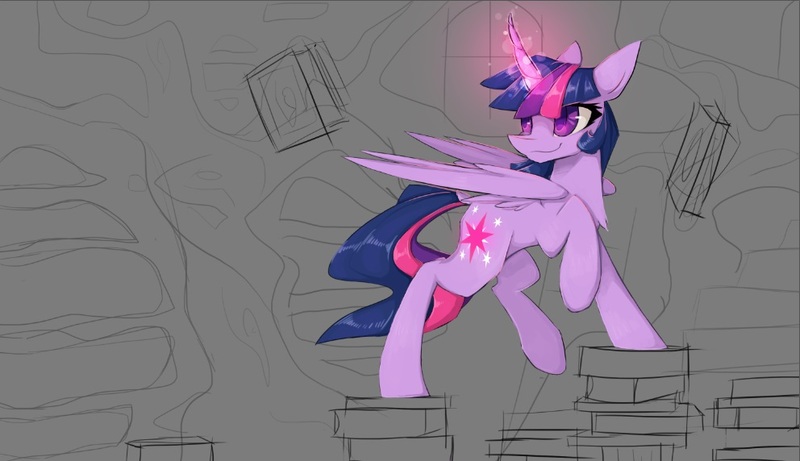 Size: 992x572 | Tagged: safe, artist:novabytes, derpibooru import, twilight sparkle, twilight sparkle (alicorn), alicorn, pony, book, female, glowing horn, golden oaks library, horn, library, mare, solo, wip