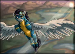 Size: 3640x2640 | Tagged: safe, artist:stormblaze-pegasus, derpibooru import, soarin', pegasus, pony, clothes, cloud, flying, goggles, grin, male, smiling, solo, stallion, sunset, uniform, wonderbolts uniform