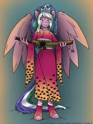 Size: 896x1200 | Tagged: anthro, artist:kaemantis, clothes, derpibooru import, dress, katana, kimono (clothing), oc, safe, solo, spider, sword, unguligrade anthro, unofficial characters only, weapon